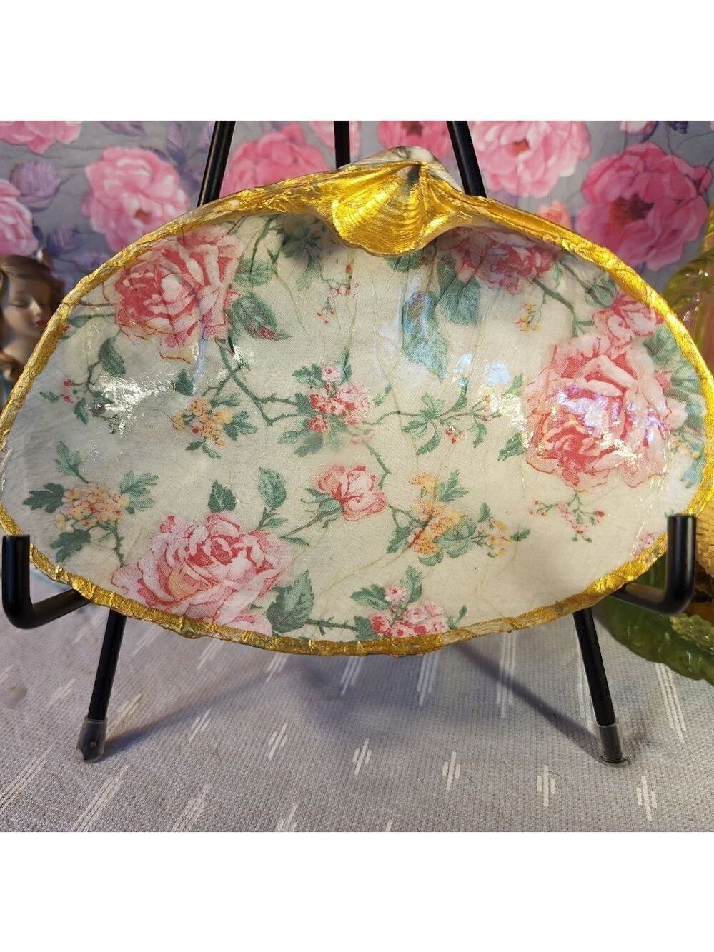 DECOUPAGE CLAM SHELL DECOUPAGE FLOWERS TRINKET DISH